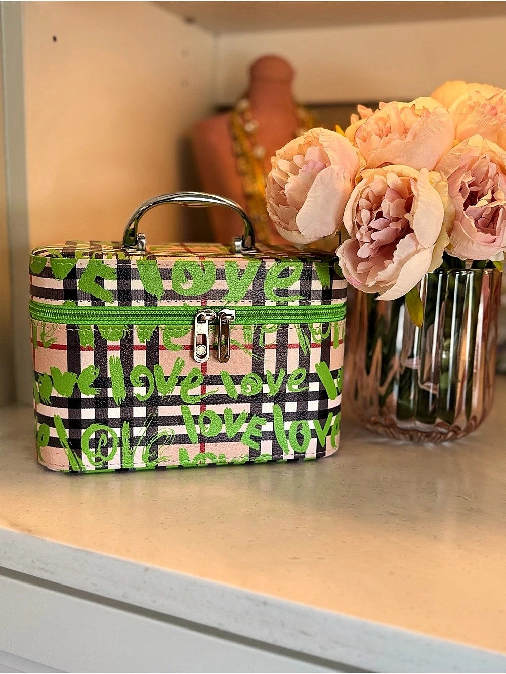 Graffiti Plaid Train Case Cosmetic Case in Green and checkered plaid NEW FRESH!
